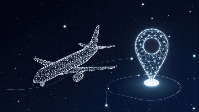 An airplane wireframe with a location pin, both emitting lights, against a star-filled dark background - Powered by Adobe