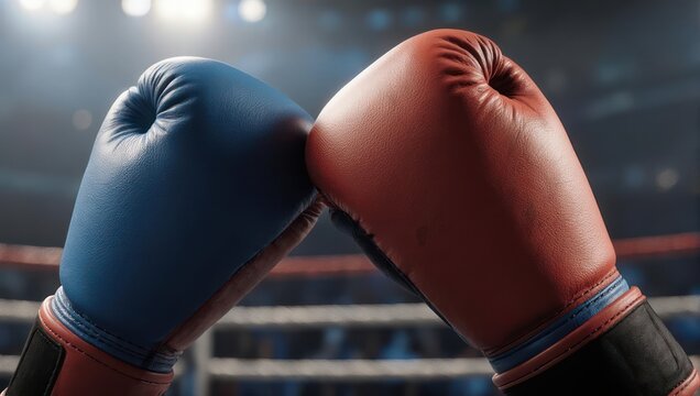 Boxer's gloves touching in a boxing ring, ready to fight. Focus on the gloves