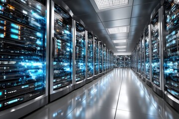 Obraz premium Server Room with Glowing Lights and Reflections