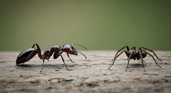 Ant and spider facing each other on a textured surface.