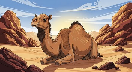 Camel resting in the desert landscape under a bright sun.