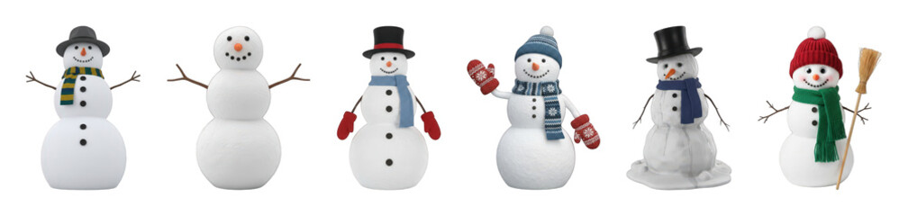 Snowman set including hats, scarves, mittens, and melting variations isolated. Christmas and winter holiday collection.