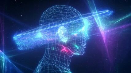 Cybernetic head interface with abstract energy field, glowing wireframe, artificial intelligence concept, futuristic design, space background, 3D - Powered by Adobe