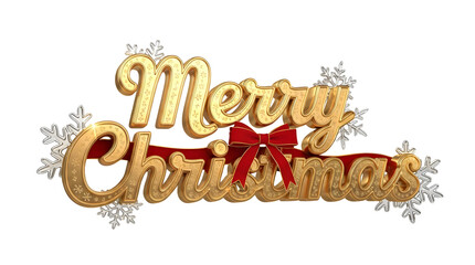 Golden Merry Christmas Text with Red Ribbon Banner and Snowflakes - Isolated Transparent Background