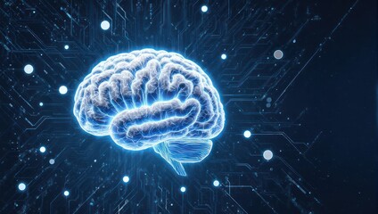 A glowing human brain overlaid on a circuit board pattern, symbolizing AI & technological advancement