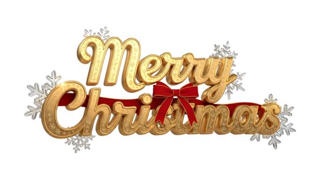 Golden Merry Christmas Text with Red Ribbon Banner and Snowflakes - Isolated Transparent Background