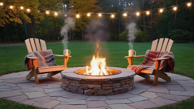 Cozy Evening by the Fire Pit with Adirondack Chairs and String Lights. footage video