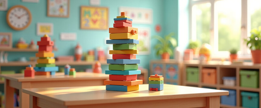 Colorful building blocks tower on table in preschool classroom  