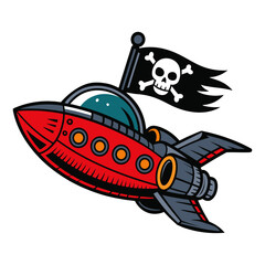 Cartoon pirate rocket ship with a skull flag, a creative space ship.ai mascot for a rebellious brainchild or a rogue brain vector illustration 