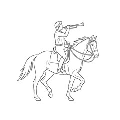 Fototapeta premium Man riding horse playing trumpet illustration.