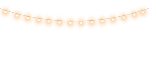 Warm glowing string lights or christmas fairy lights overlay with soft warm white illumination for festive event celebration and home decoration on transparent background