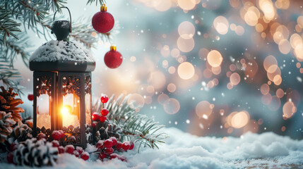 Christmas Lantern with Fir Branch on Snow and Bokeh Lights