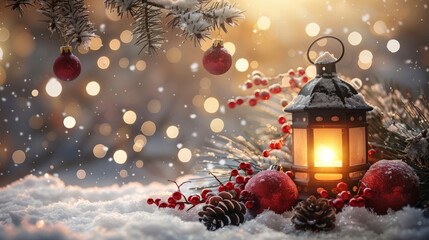 Christmas Lantern with Fir Branch on Snow and Bokeh Lights