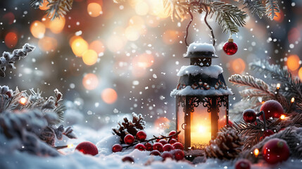 Christmas Lantern with Fir Branch on Snow and Bokeh Lights