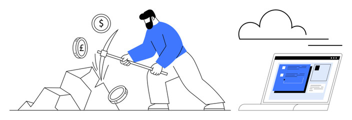 Miner breaks rocks to extract currency symbols while working with a laptop beside him. Ideal for finance, technology, cryptocurrency, mining, productivity, innovation, and economics. Simple flat