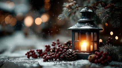 Christmas Lantern with Fir Branch on Snow and Bokeh Lights