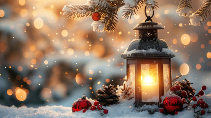 Christmas Lantern with Fir Branch on Snow and Bokeh Lights