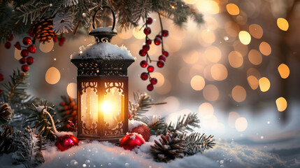 Christmas Lantern with Fir Branch on Snow and Bokeh Lights