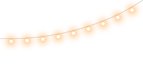 Warm glowing string lights or christmas fairy lights overlay with soft warm white illumination for festive event celebration and home decoration on transparent background