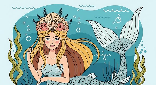 Beautiful Mermaid with Long Blonde Hair and Crown Underwater. - Powered by Adobe
