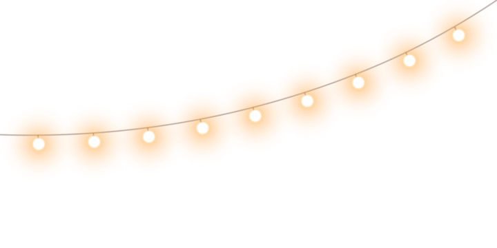 Warm glowing string lights or christmas fairy lights overlay with soft warm white illumination for festive event celebration and home decoration on transparent background