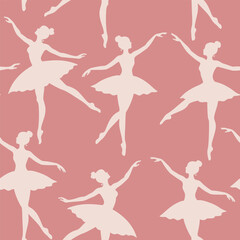 Seamless pattern with dancing ballerinas on pink background. Elegant girly vector ornament. Cute ballerina. Simple silhouettes ballerinas in flat style. Aesthetic, athletic woman, textile art, fashion