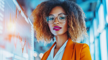 Young African woman in orange blazer stands near large screen with financial chart. She wears glasses and looks directly at camera. Concept: fintech and modern leadership