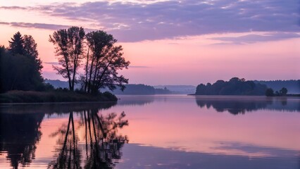 Obraz premium Calm lake at twilight reflecting soft pink and violet tones of the sky, distant trees forming perfect mirrored silhouettes.