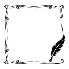 Black silhouette of a quill pen in the corner of a rectangular frame, isolated without background, vintage writing decoration element vector