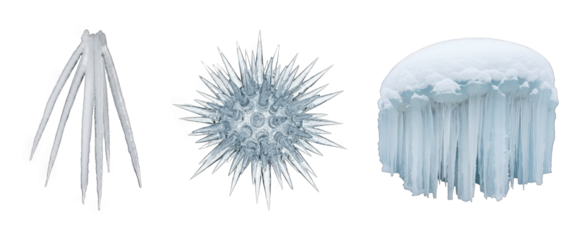 Ice formations set including icicle cluster, spiky sphere, and snow-covered mass isolated. Winter and cold weather elements.
