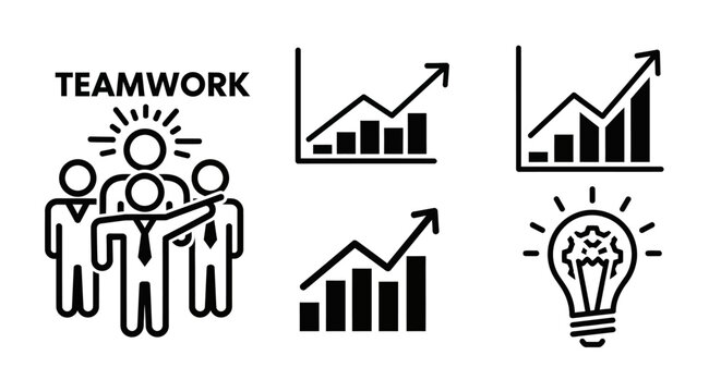 Business concept icon set depicting teamwork, financial growth charts, and innovative ideas, perfect for illustrating corporate strategy, development, and collaborative success
