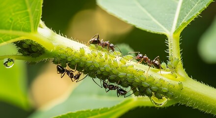Fototapeta premium Ants and Aphids on a Green Plant Stem.