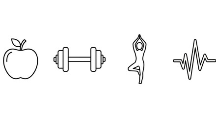 A collection of simple line icons representing the key elements of a healthy lifestyle, including diet, exercise, yoga, and heart health