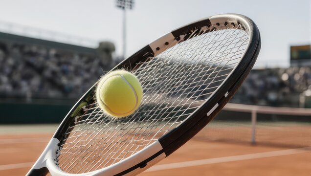 Close-up of a tennis racket catching a ball on a clay court, with blurred crowd in background