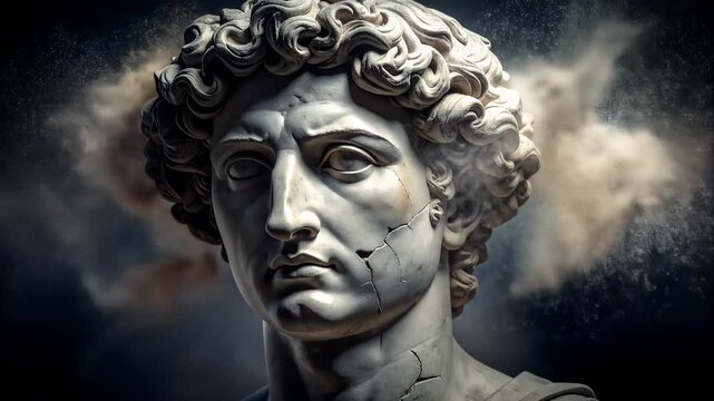 Majestic Classical Marble Bust Against Dramatic Sky Ancient Sculpture Art.