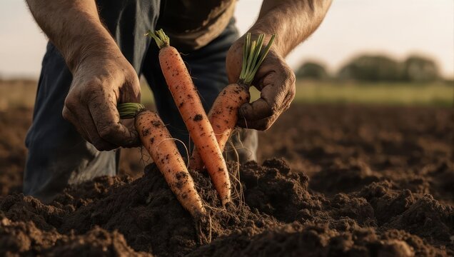 A farmer harvests fresh, organic carrots from fertile soil in a sunlit field