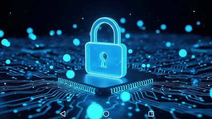 A luminous blue padlock floats above a circuit board backdrop Glowing orbs surround it emphasizing digital security and network protection in an abstract depiction - Powered by Adobe
