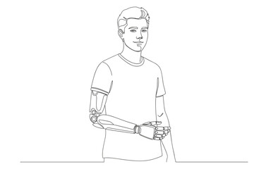 Continuous line art of a man with a prosthetic arm showing confidence