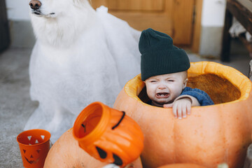 Cute baby boy sitting in big pumpkin and crying with dog ghost and jack o lantern at front door....