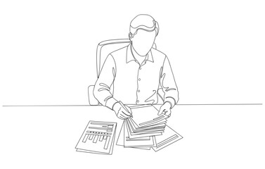 Continuous line drawing of a businessman reviewing paperwork at his desk