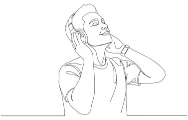 Continuous line drawing of a happy man listening to music with headphones