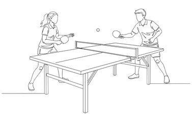 Continuous line drawing of two players playing table tennis match
