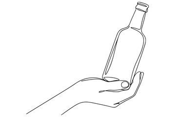 Continuous line drawing of a hand holding a glass bottle
