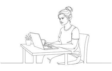 Continuous line art of woman working on laptop at desk