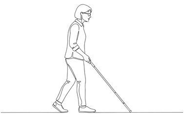 Continuous line art of blind woman walking with white cane