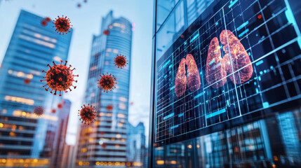 Digital illustration of infected lung scan and floating virus particles over modern city skyline, medical imaging overlay conveying respiratory disease risk and urban health concern