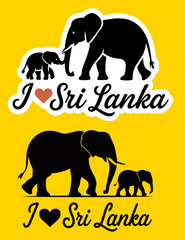 I Love Sri Lanka Typography with Elephant Mother and Baby Silhouette Heart Symbol Yellow Vector Sticker Set