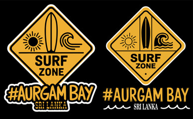 Arugam Bay Sri Lanka Surf Zone Warning Sign with Surfboard Shark Hashtag Typography Sticker Set Vector