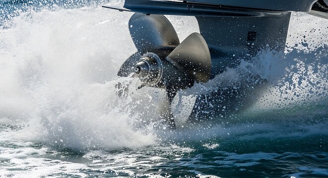 Boat Propeller in Action - Close-up of Water Spray.