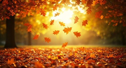 Beautiful autumn landscape with yellow trees and sun, Autumn leaves background, Falling leaves natural background